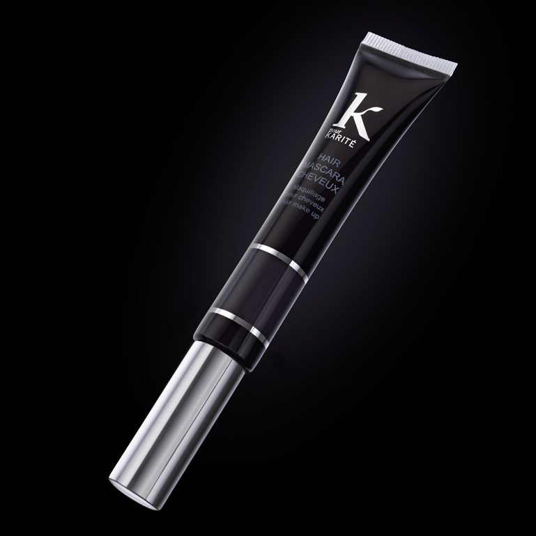 Black on black product shot of Karite hair mascara